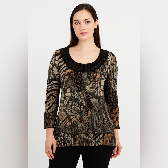 Alberto Makali XL Crinkle Pleated Blouse Artsy Beaded Chain Animal Snake 90s Y2k - Picture 1 of 10